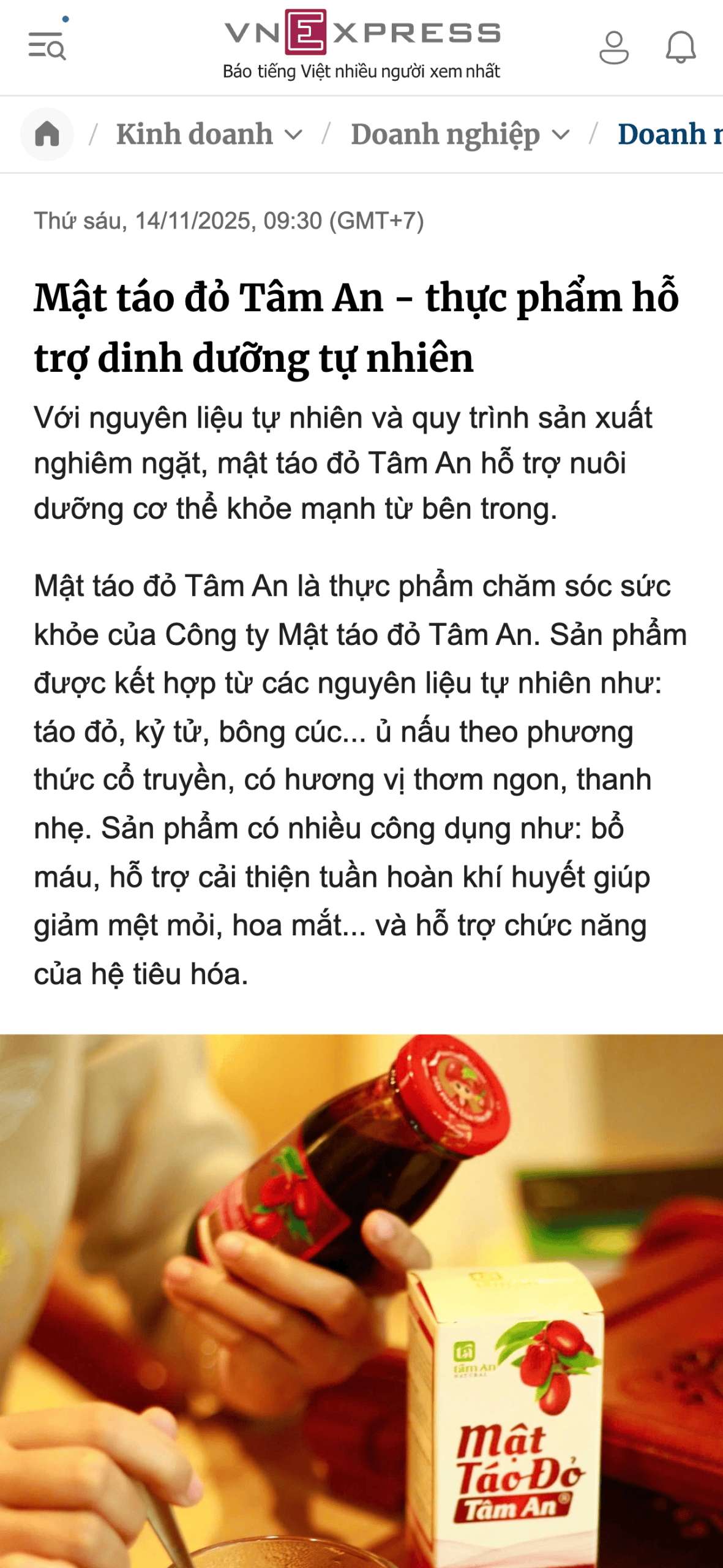 "Mật táo đỏ Tâm An - thực phẩm hỗ trợ dinh dưỡng tự nhiên" (Đánh giá về tính tự nhiên và hỗ trợ sức khỏe)